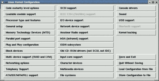 De grafische
 interface voor het instellen van uw Linux kernel na de opdracht 'make
 xconfig'.